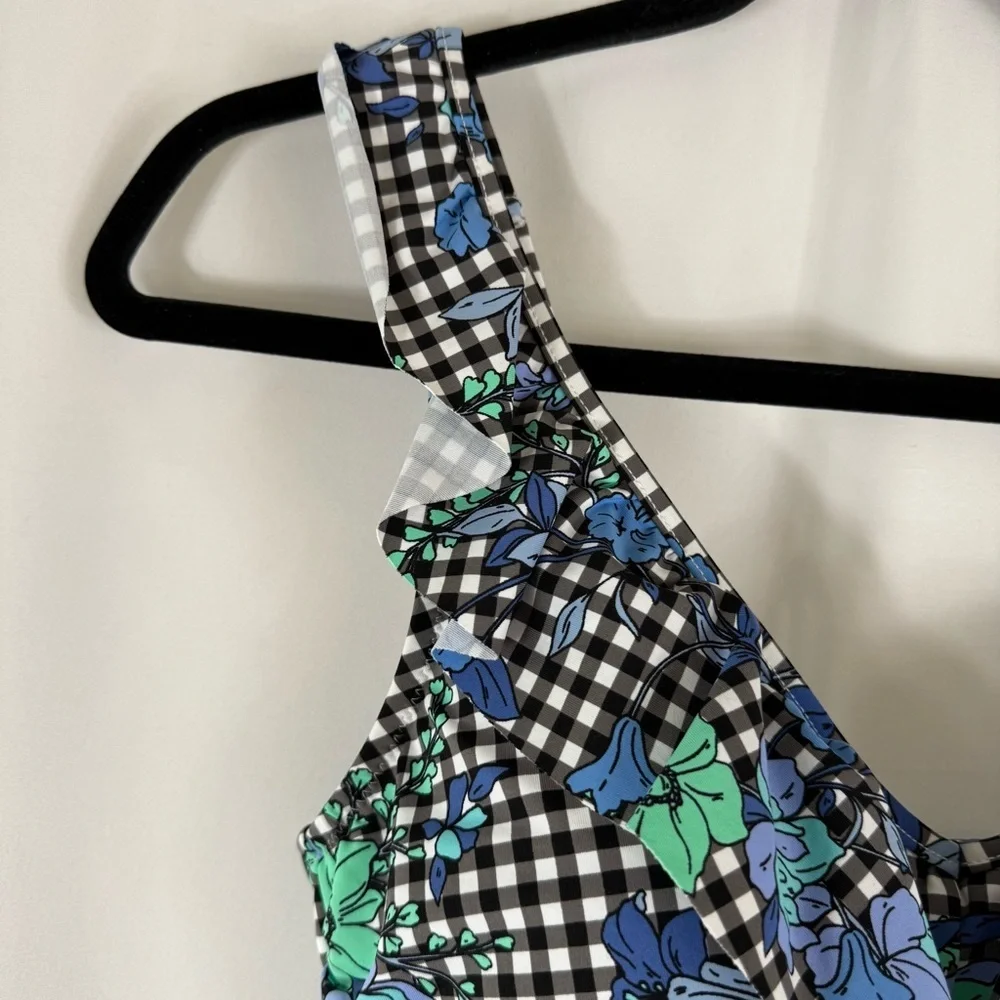 Lands' End Blue Floral Checkered one piece Swimsuit size: 10